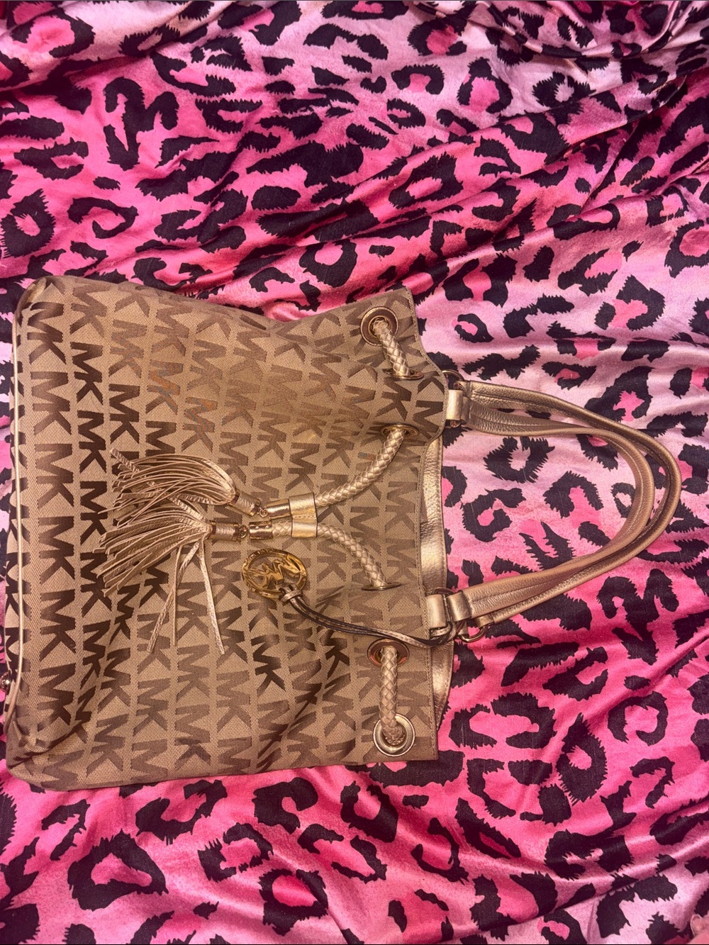 Michael Kors Tan/Brown Logo Drawstring Tote with Tassel